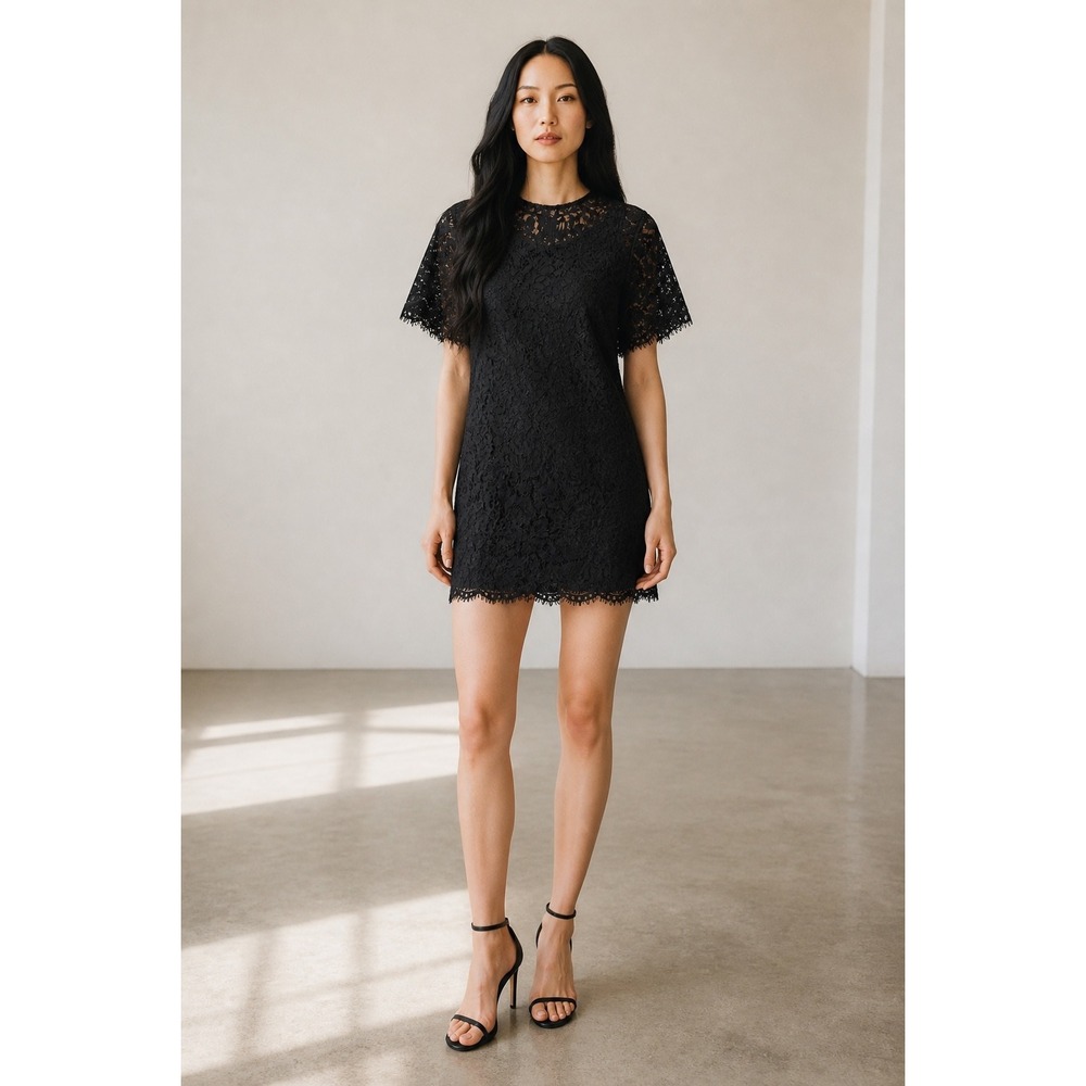 Whistles Black Floral Lace Eyelash Trim Mini Shift Dress Womens US 4 UK 8 EU 36